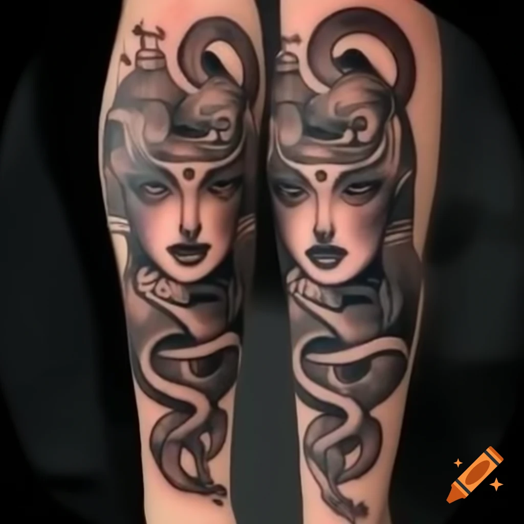 Tattoo design symbolizing Gemini with twins, black cat, and snake