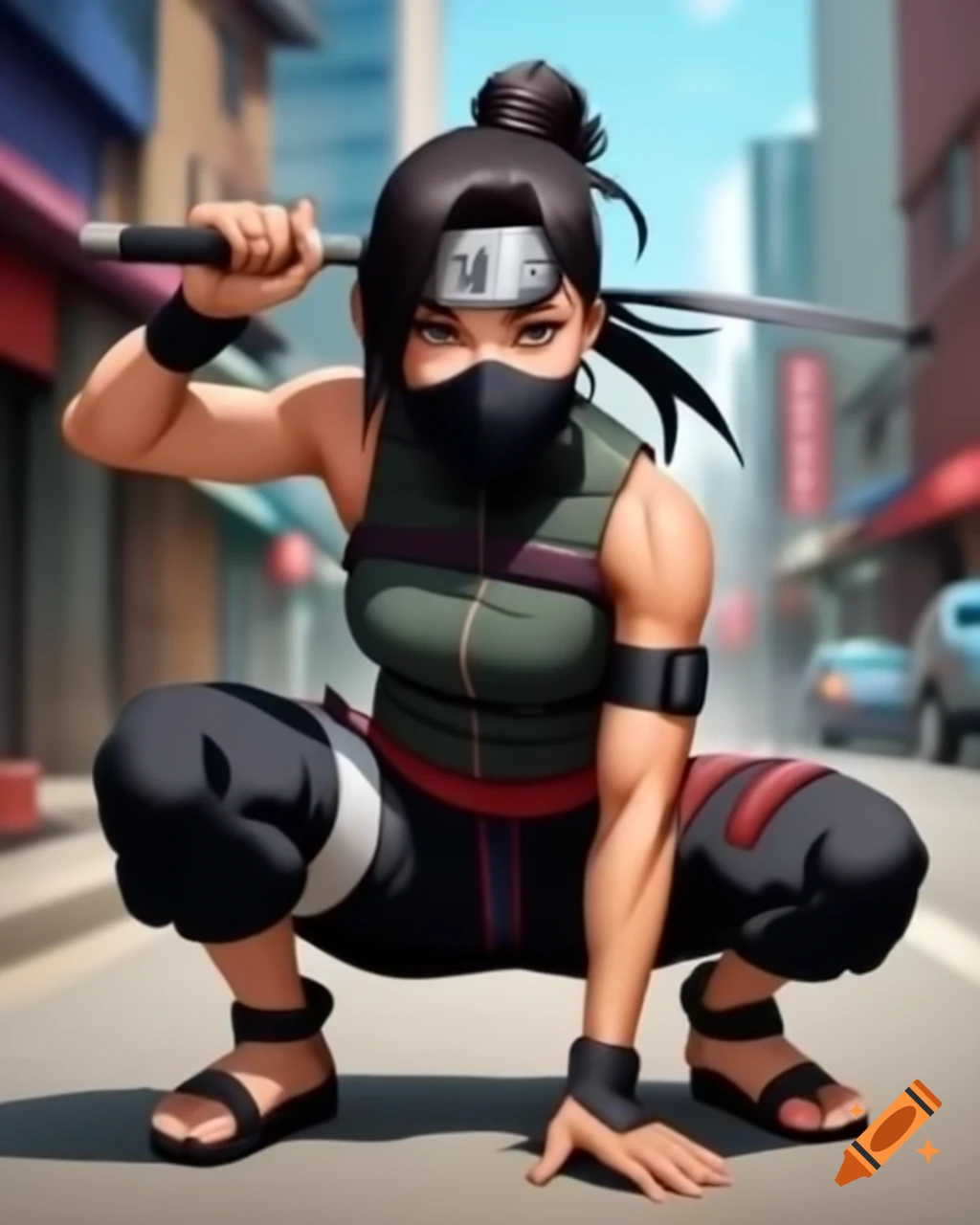 Ninja woman in sandals playfully posing with dagger in city on Craiyon