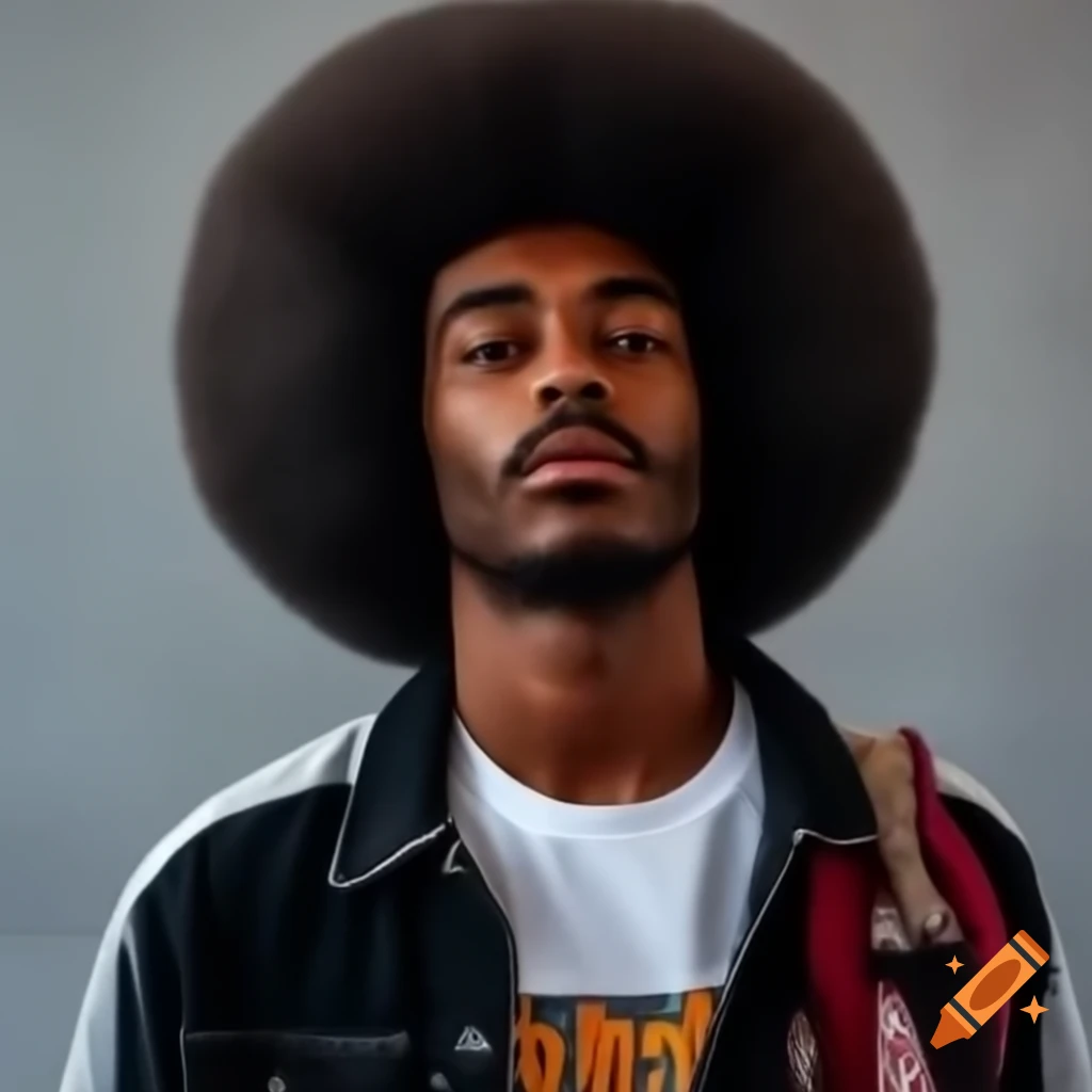 Athletic young man with afro and goatee wearing maroon Jordan 1s and black truck parts