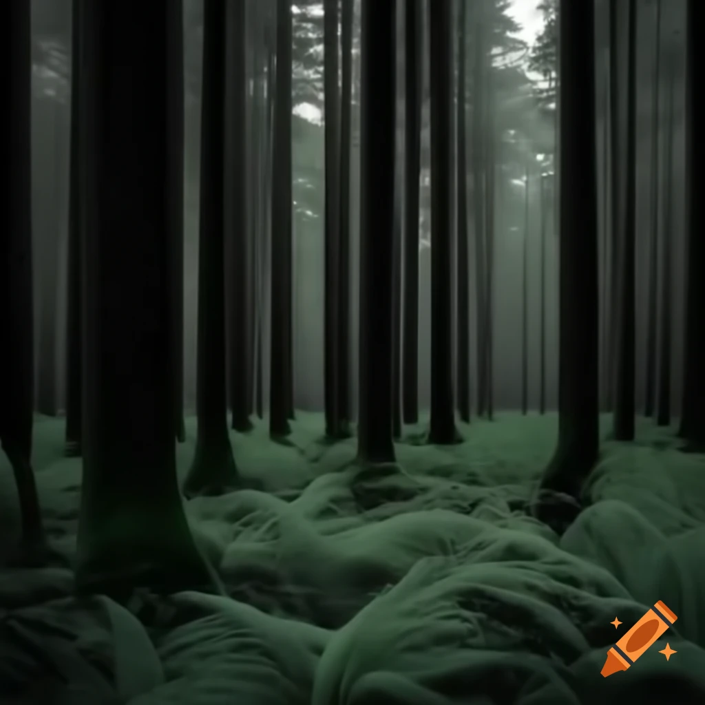 Dense black forest with dark foliage