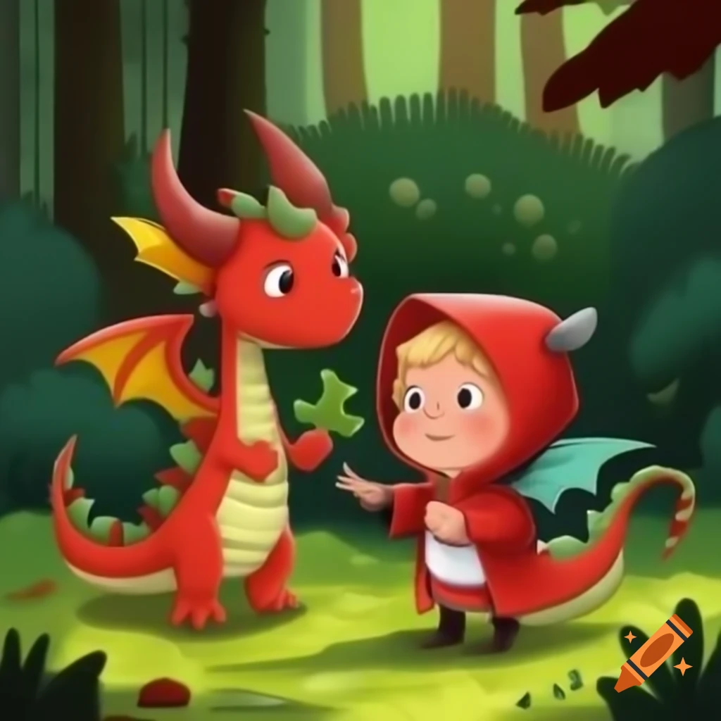 Little Red Riding Hood encounters small friendly dragon in forest