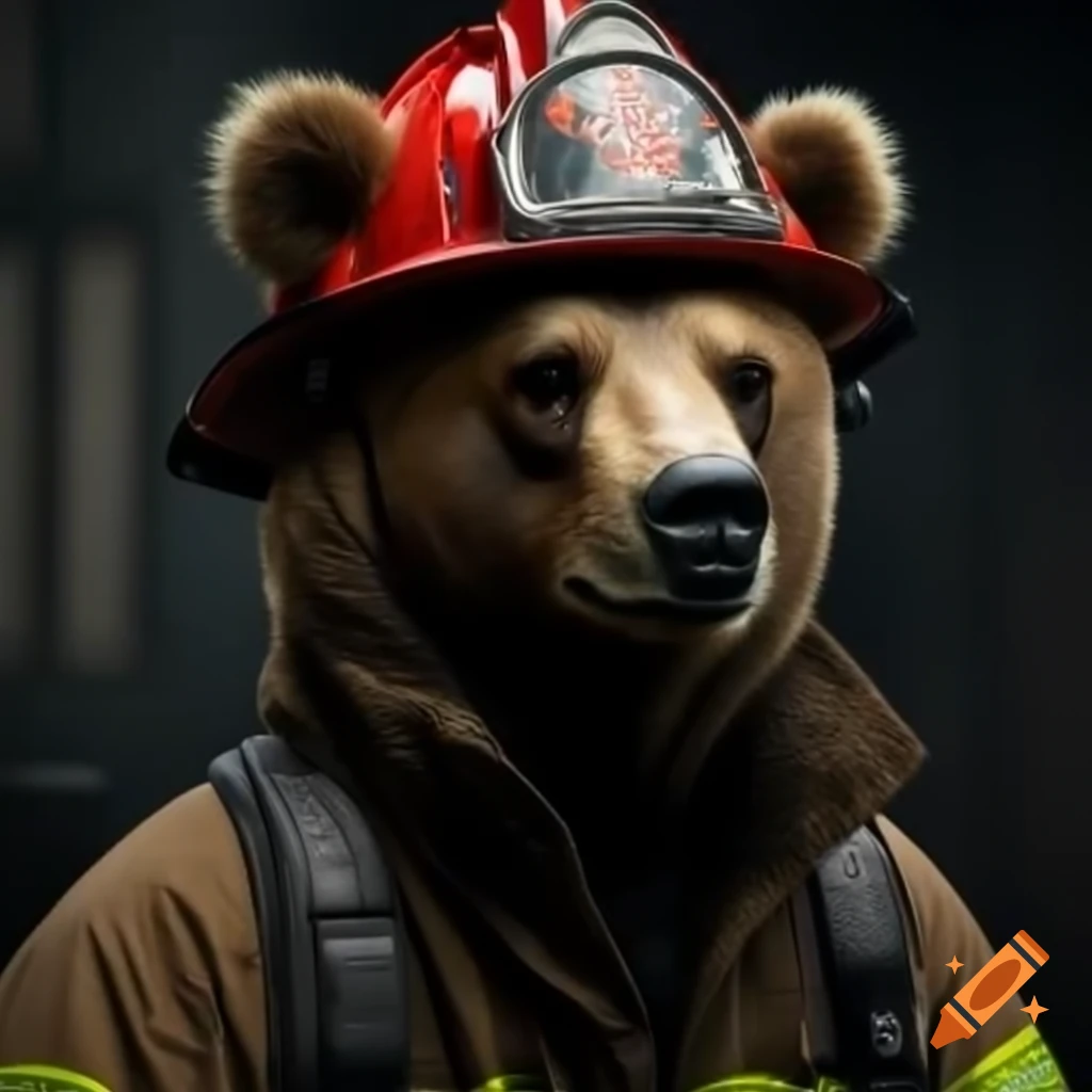 Black bear wearing firefighting gear