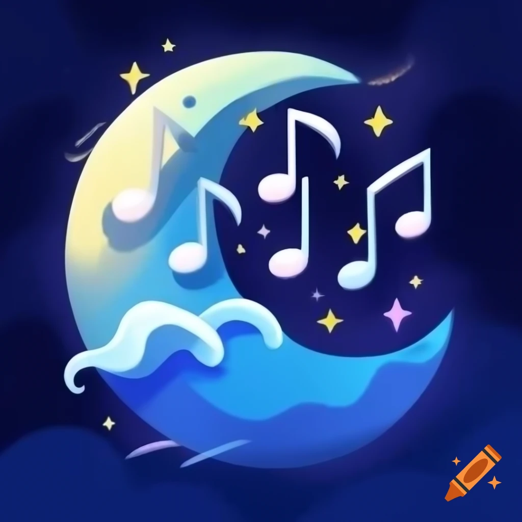 Whimsical cartoon of musical notes flowing from moon with sparkles and stars