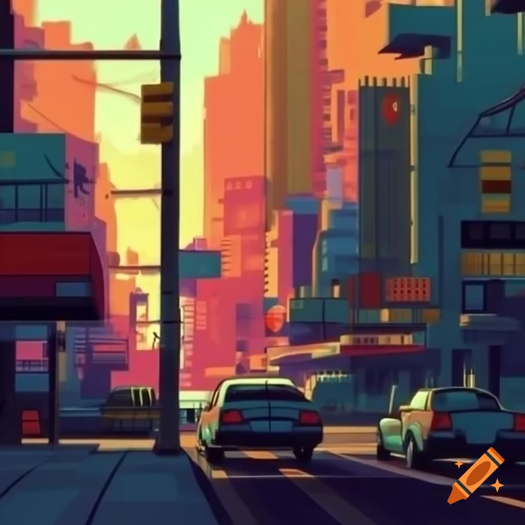 8-bit pixel art of a modern city from a top-down perspective
