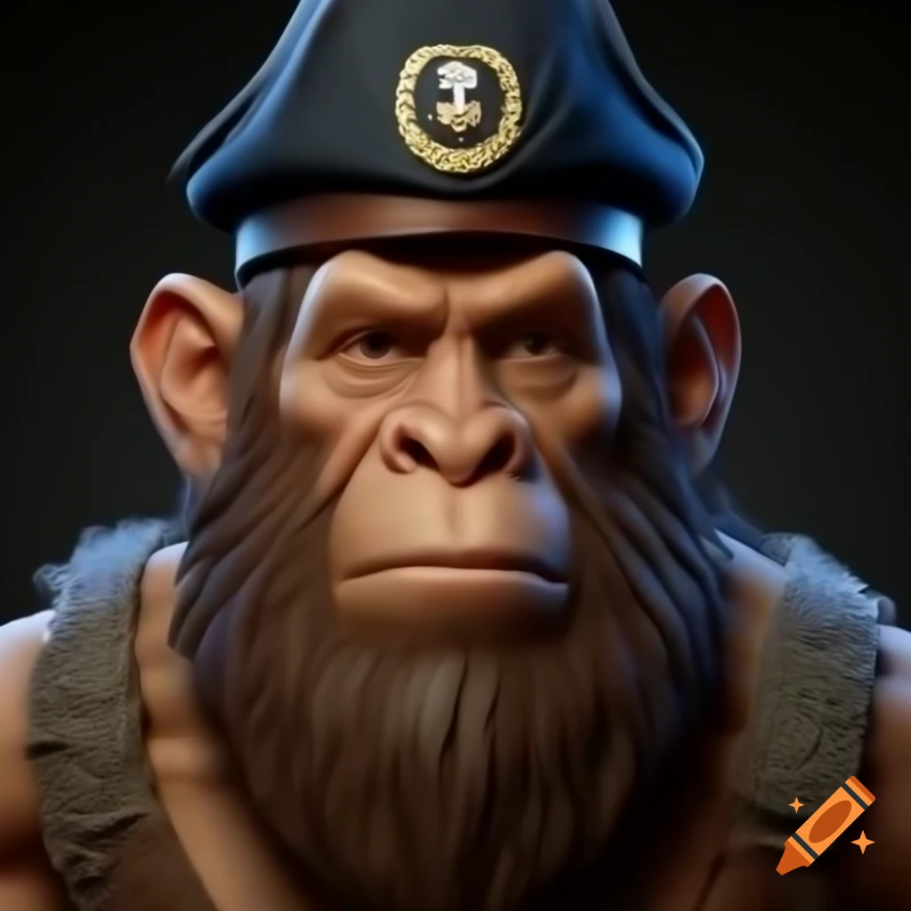 Stylized 3D render of a neanderthal dwarf in a captain's hat