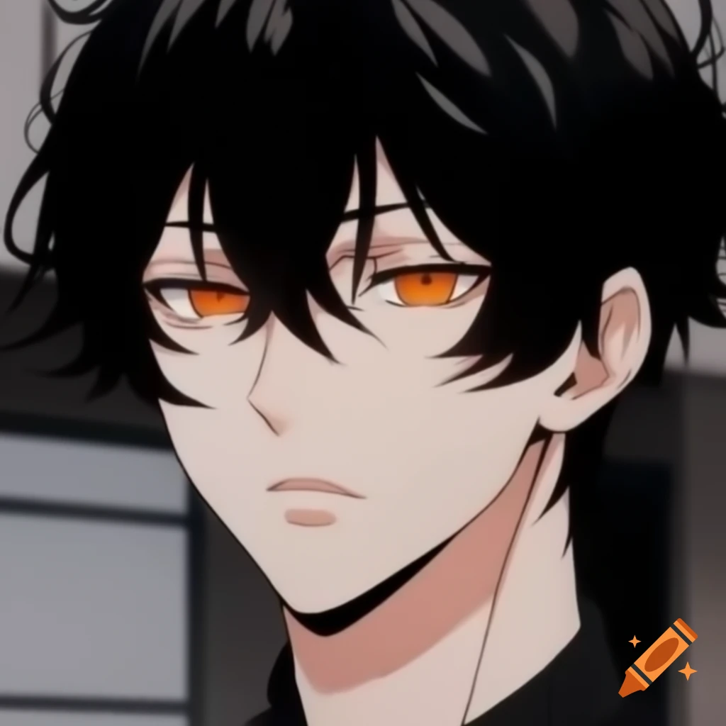 Anime male character with slicked back black hair, orange eyes, horns, and facial hair
