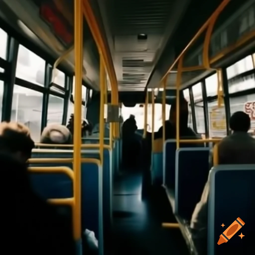 Interior view of a bus showing seating and windows