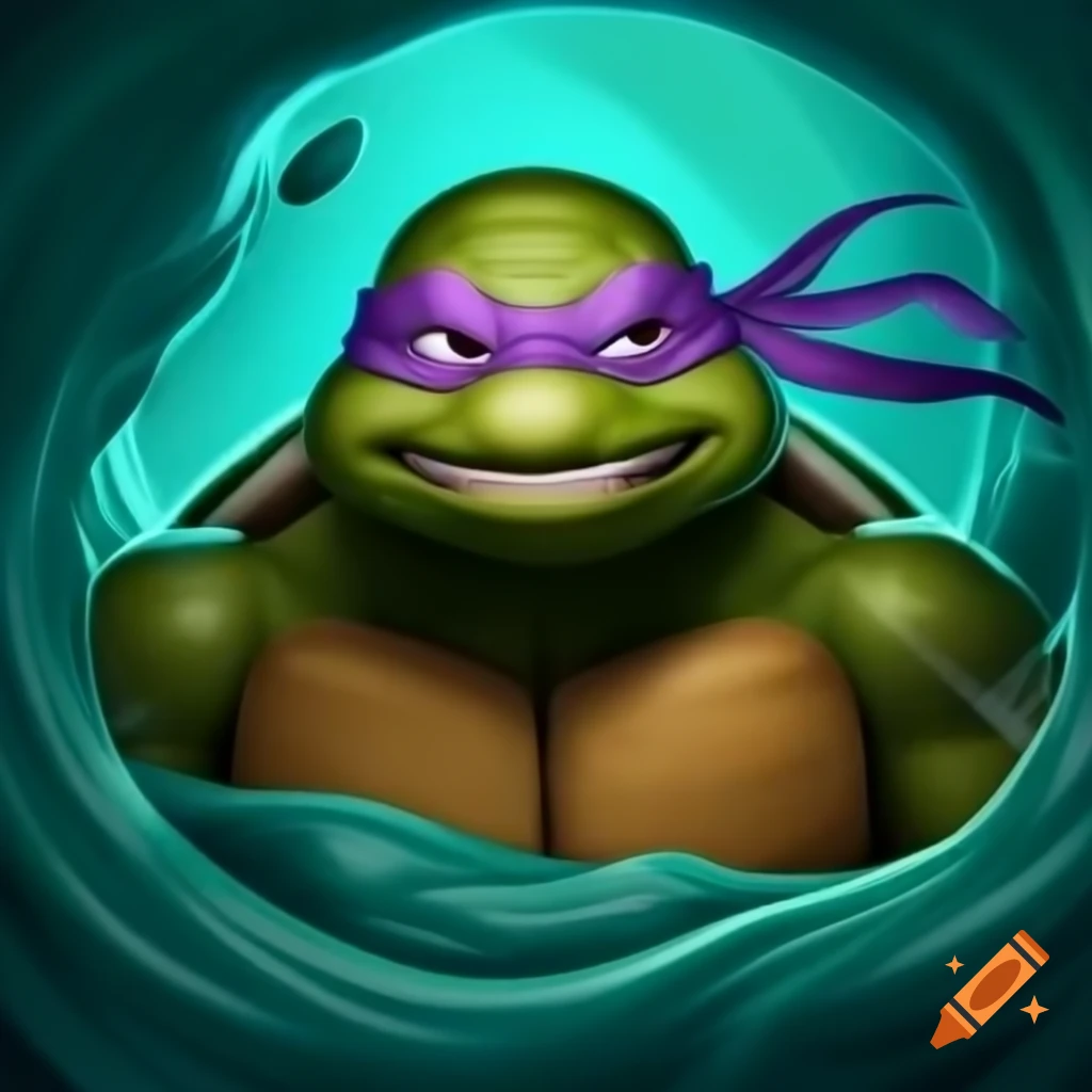 Donatello ninja turtle partially engulfed by teal slime with determined expression