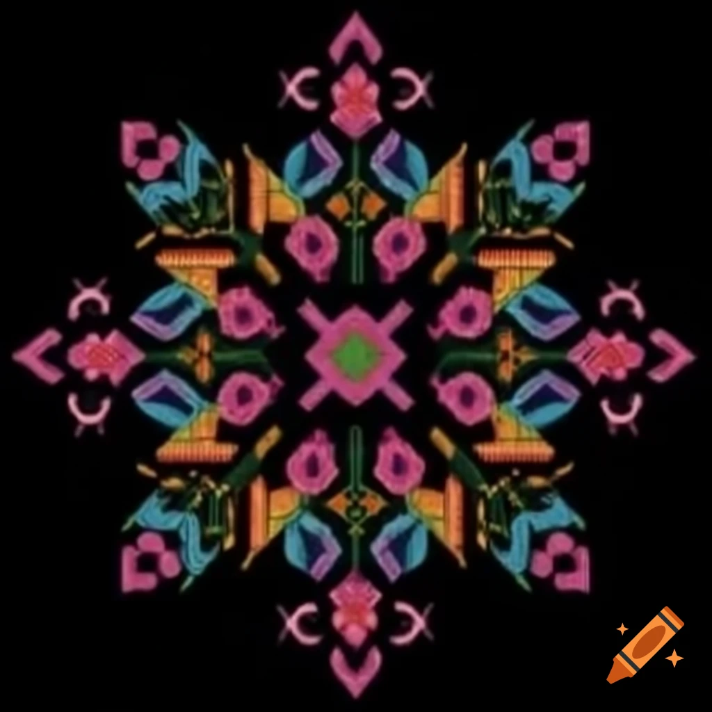 Colorful Shipibo embroidery pattern on black background