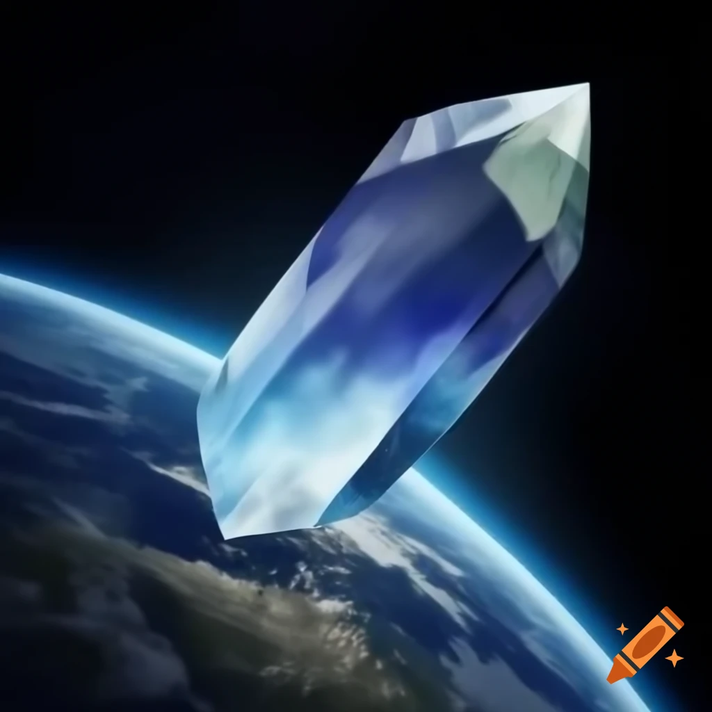 Earth Crysta Large prismatic crystal hovering over Earth in outer space on Craiyon