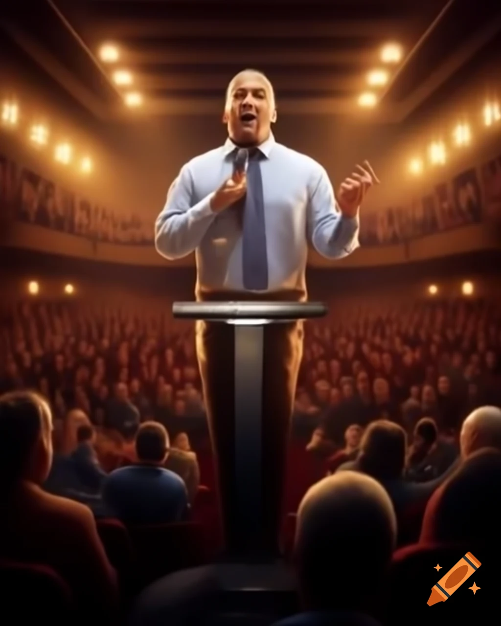 Speaker addressing diverse audience in illuminated auditorium
