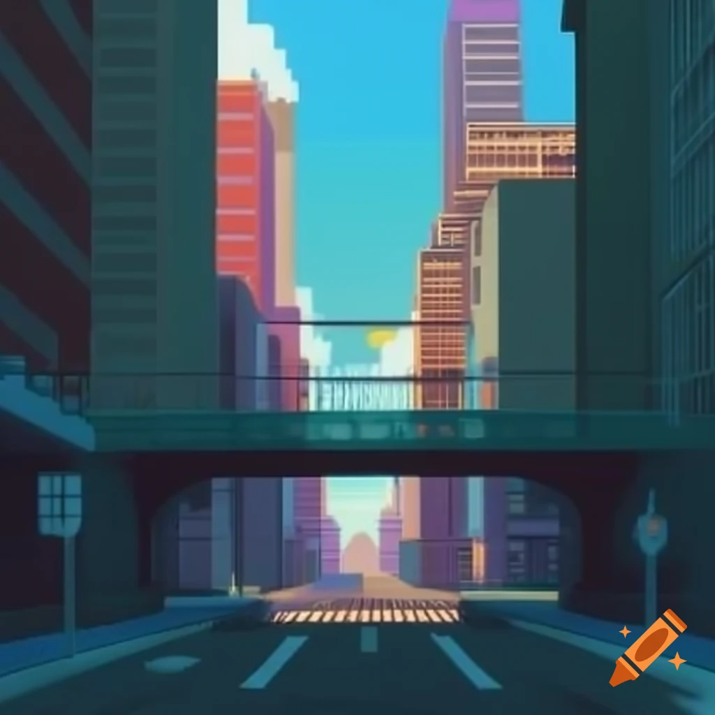 8-bit pixel art of a modern city from a top-down perspective