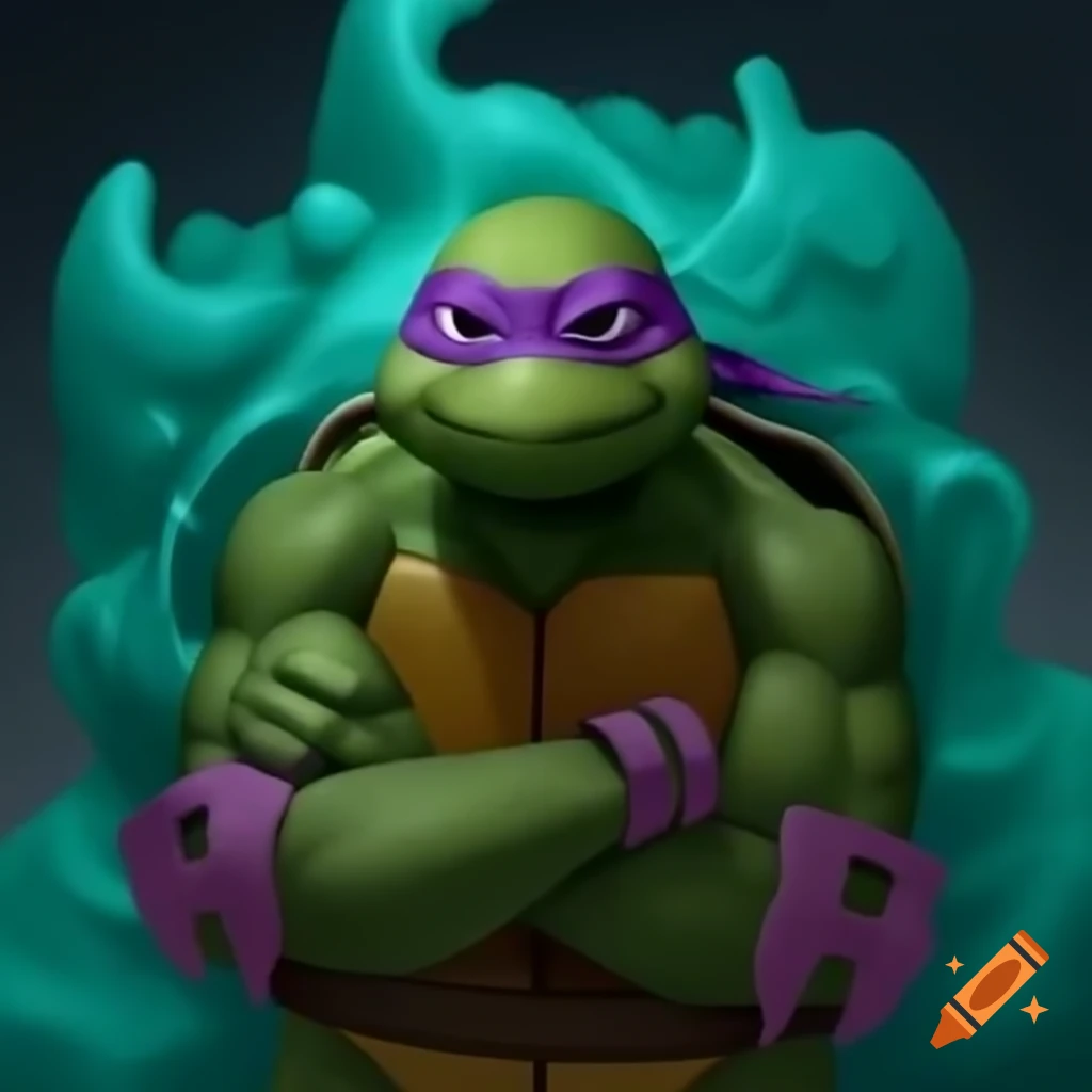 Donatello enveloped in teal slime showing determination to escape
