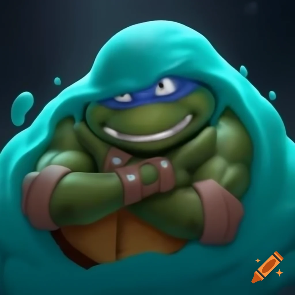 Donatello enveloped in teal slime showing determination to escape