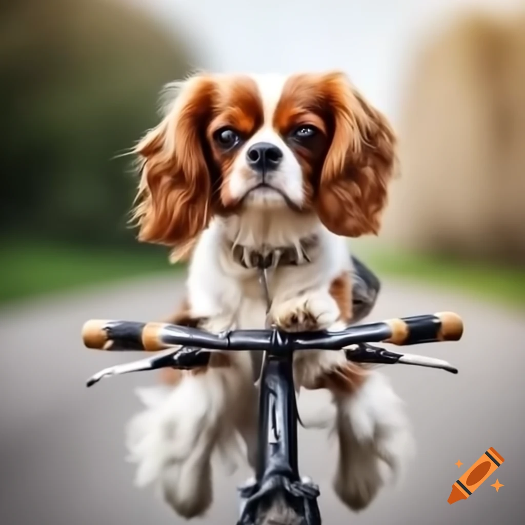 Cavalier King Charles spaniel dog riding a bike