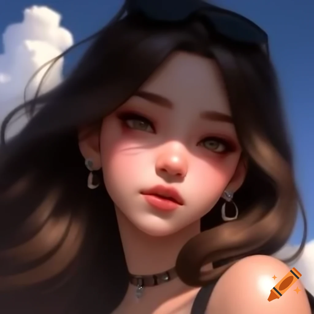 Realistic digital portrait of a young woman with long wavy dark brown ...