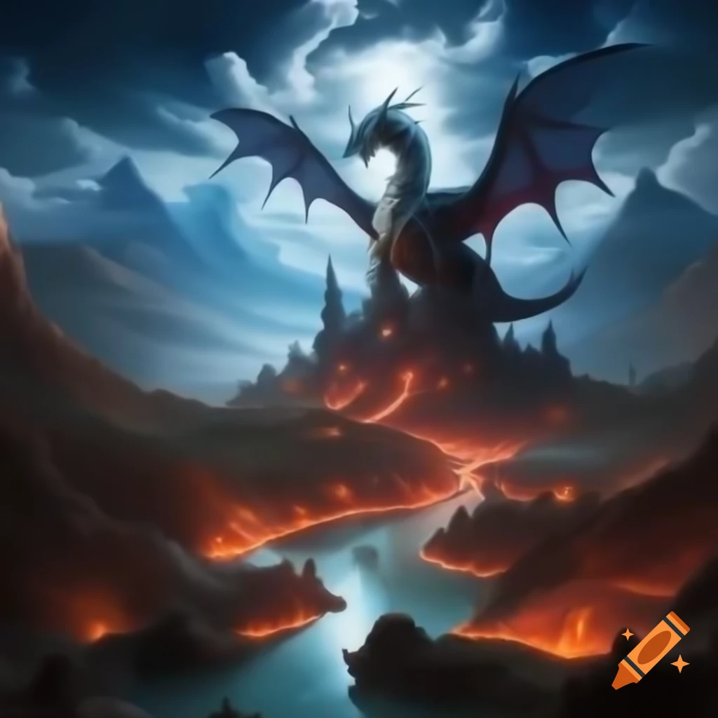 Epic fantasy landscape with flying dragon over medieval castle and glowing lava rivers