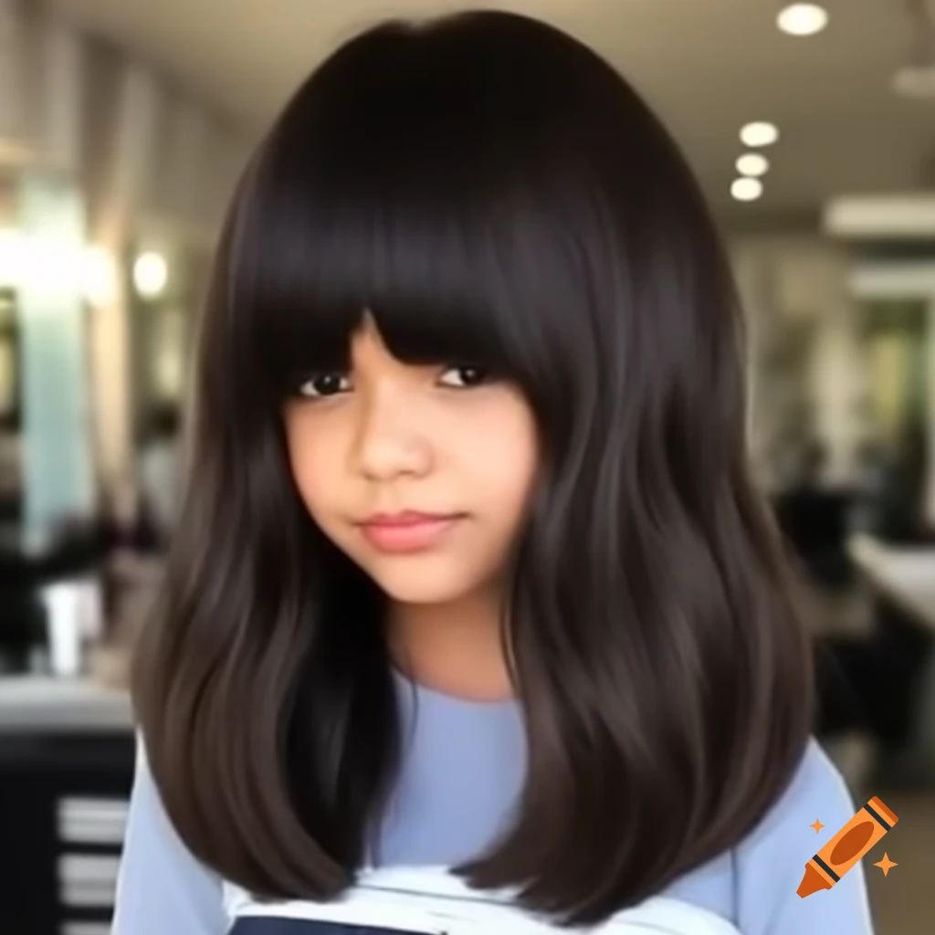 Girl with long straight bangs preparing for a haircut