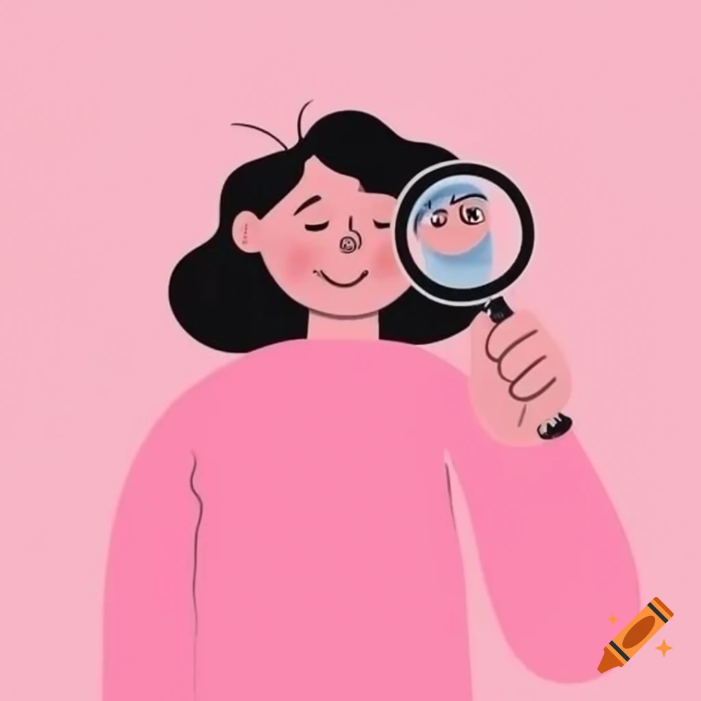 Young smiling journalist in pink holding magnifying glass