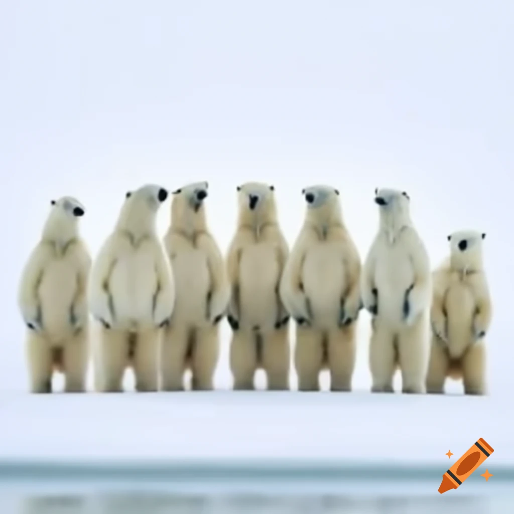 Seven polar bears lined up side view against white background