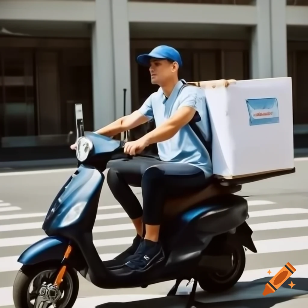 Confident delivery rider on scooter in bright urban setting on Craiyon