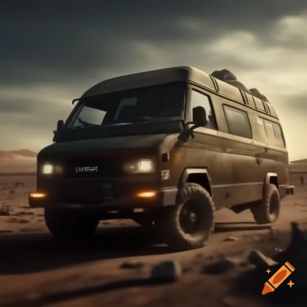 Off-road van in post-apocalyptic landscape