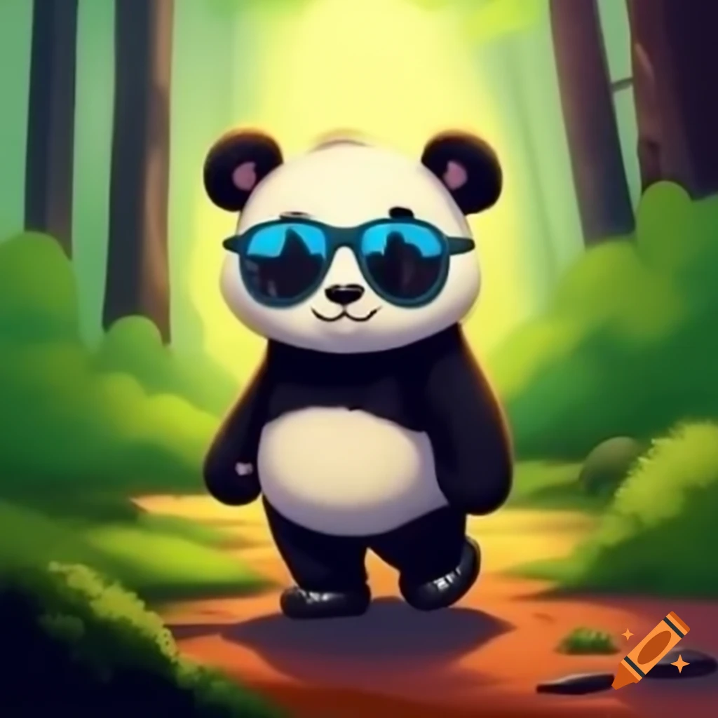 Panda walking in forest wearing sunglasses and shoes