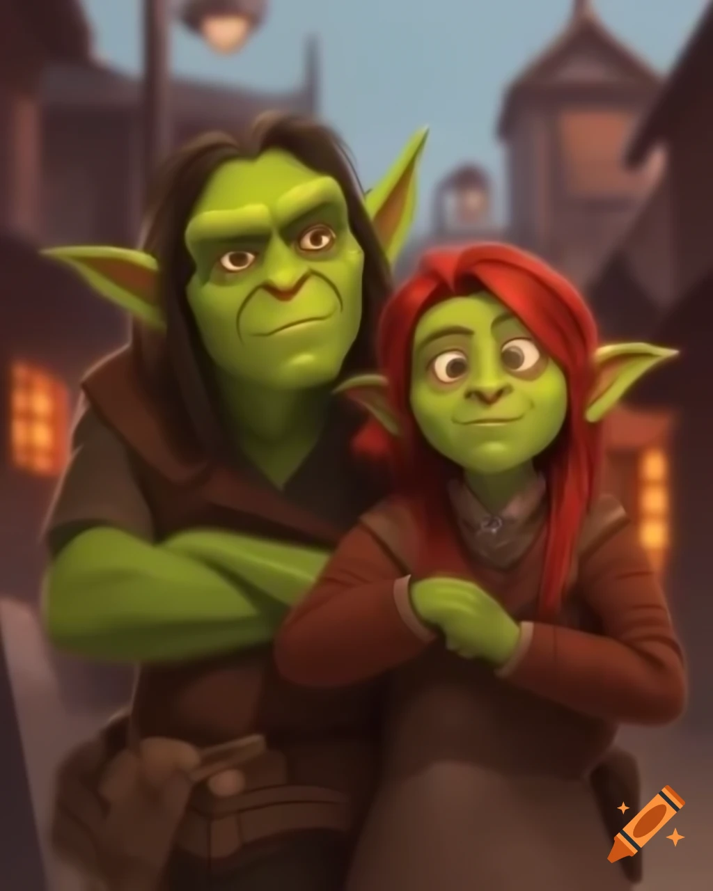 Green-skinned goblin couple flirting in town, anime style