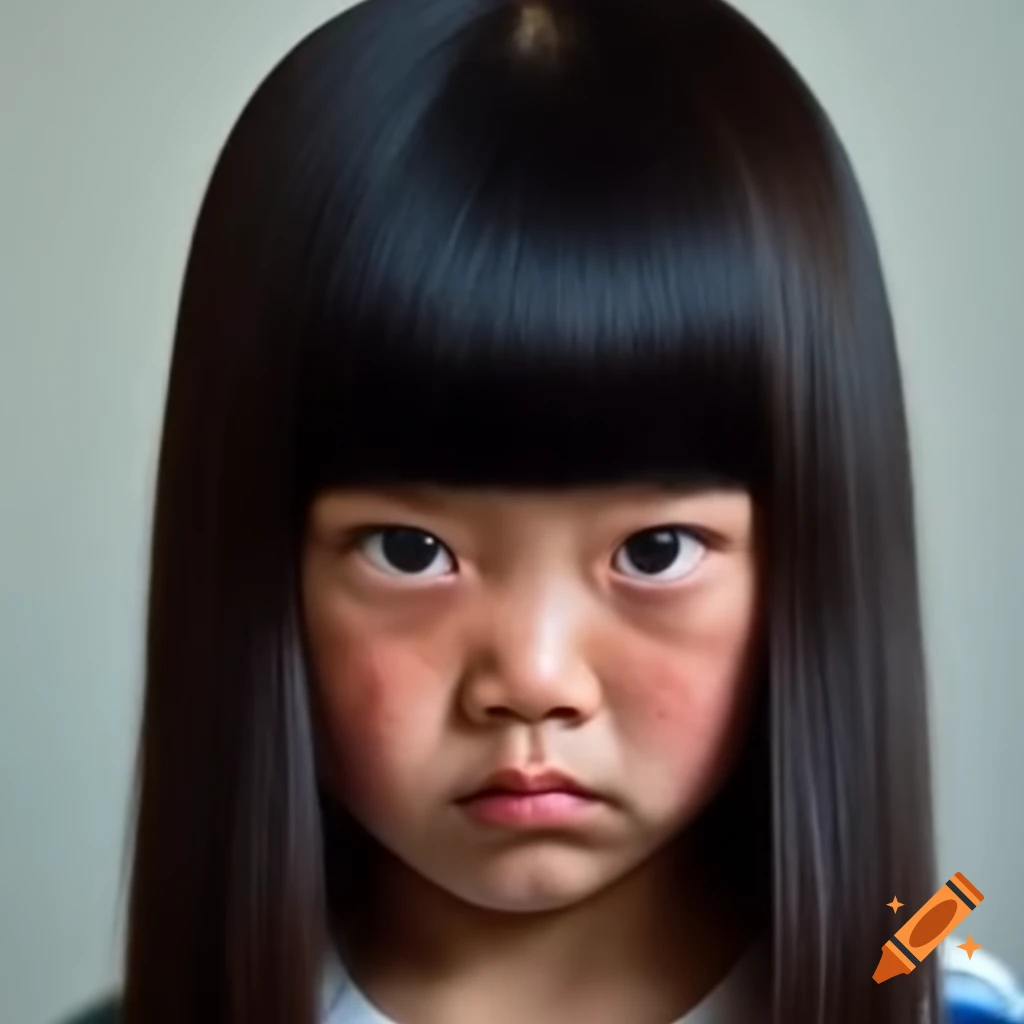 Angry girl with long bangs preparing for a haircut