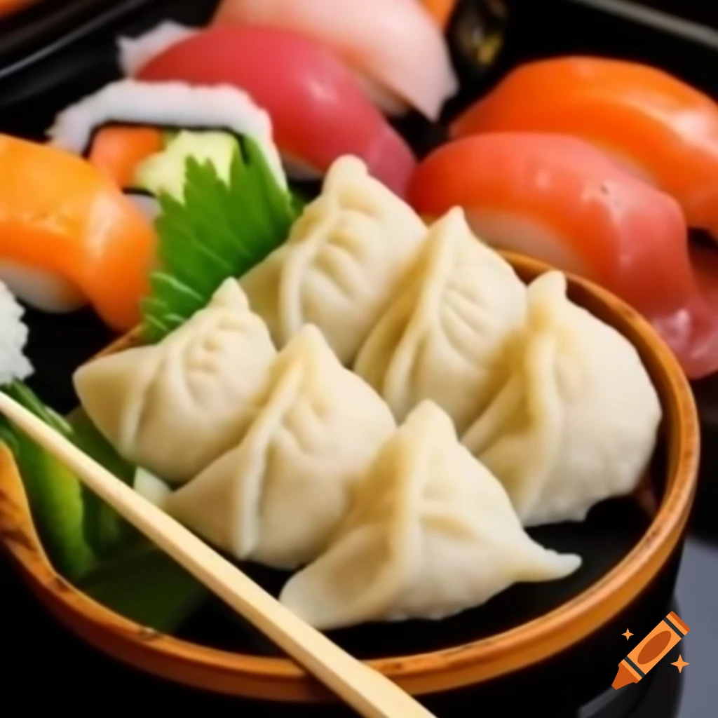 Plate of dumplings and sushi