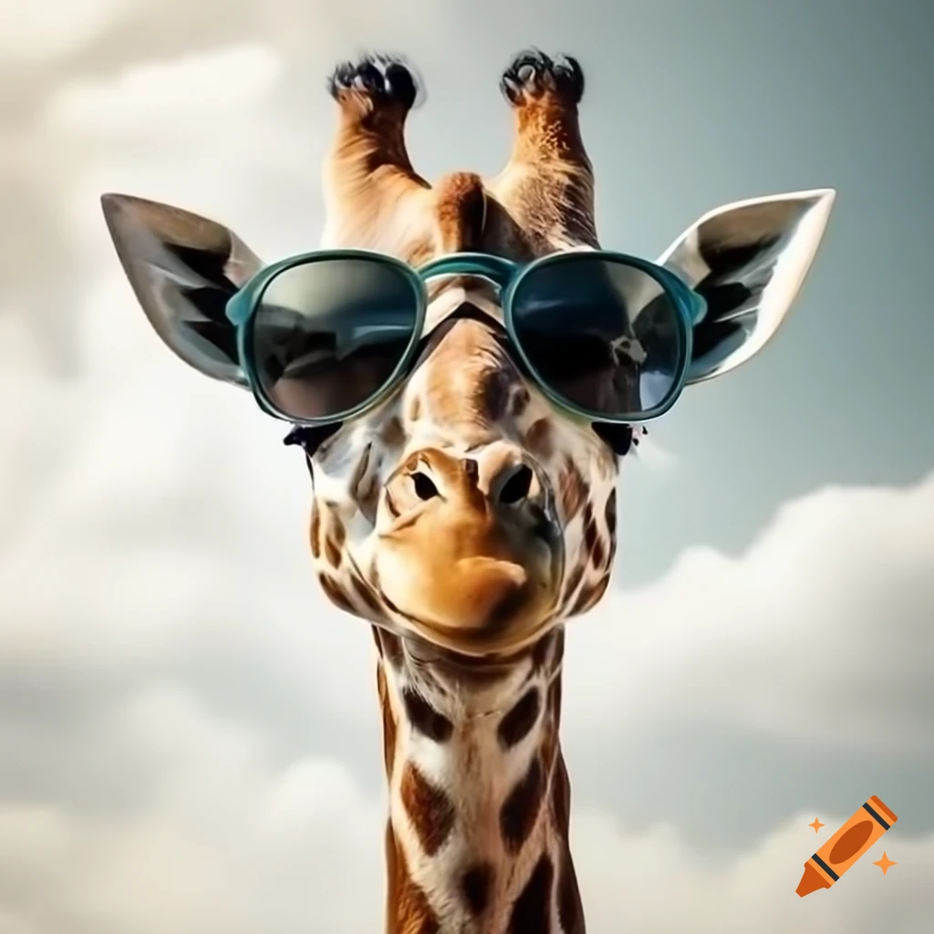 Realistic giraffe wearing sunglasses with playful expression
