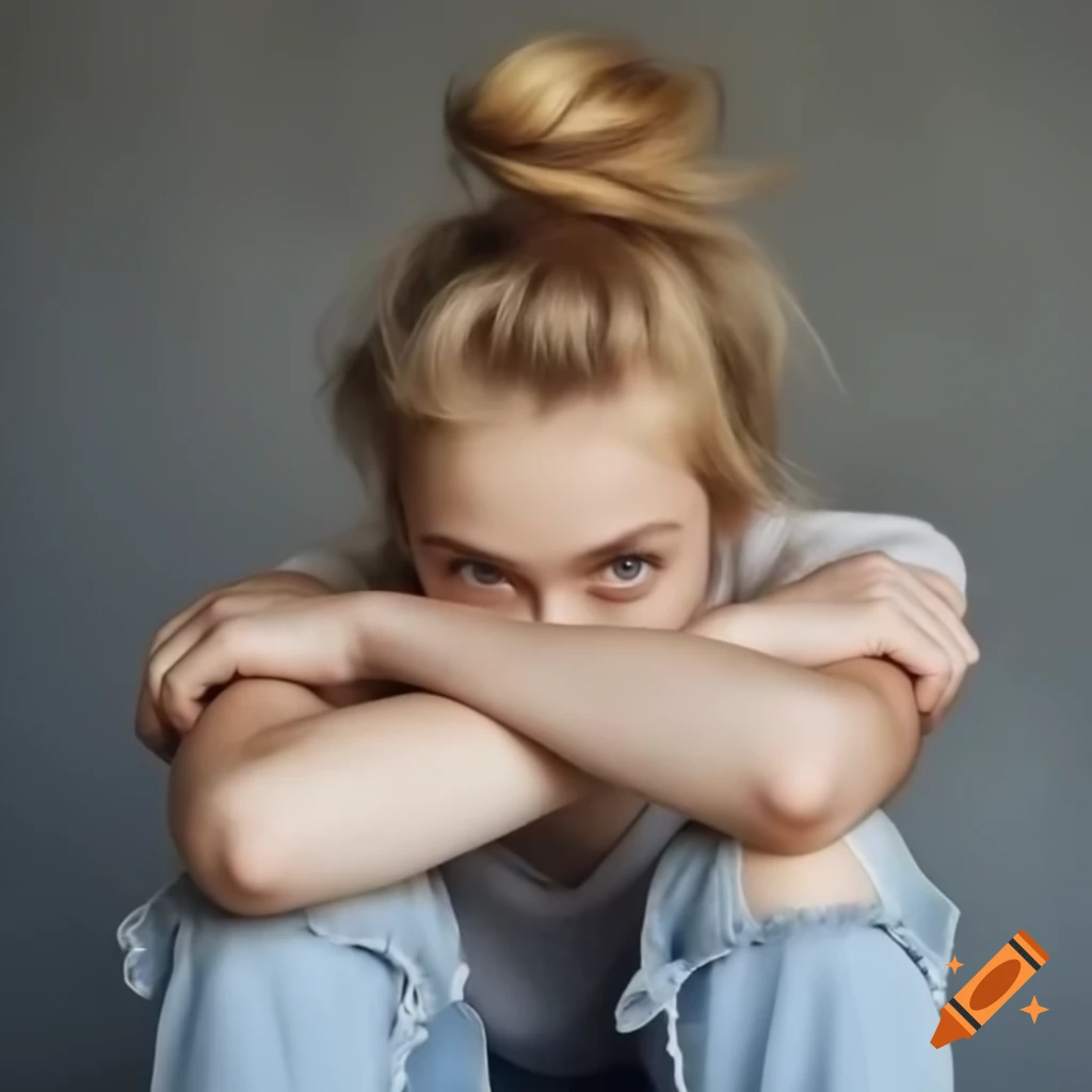 Young woman with blonde hair and pale skin in casual outfit