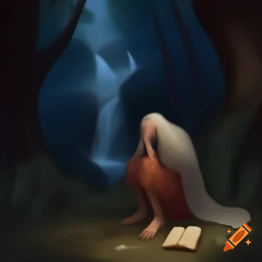 Mystic with scarf kneeling in forest under moonlight, book beside him