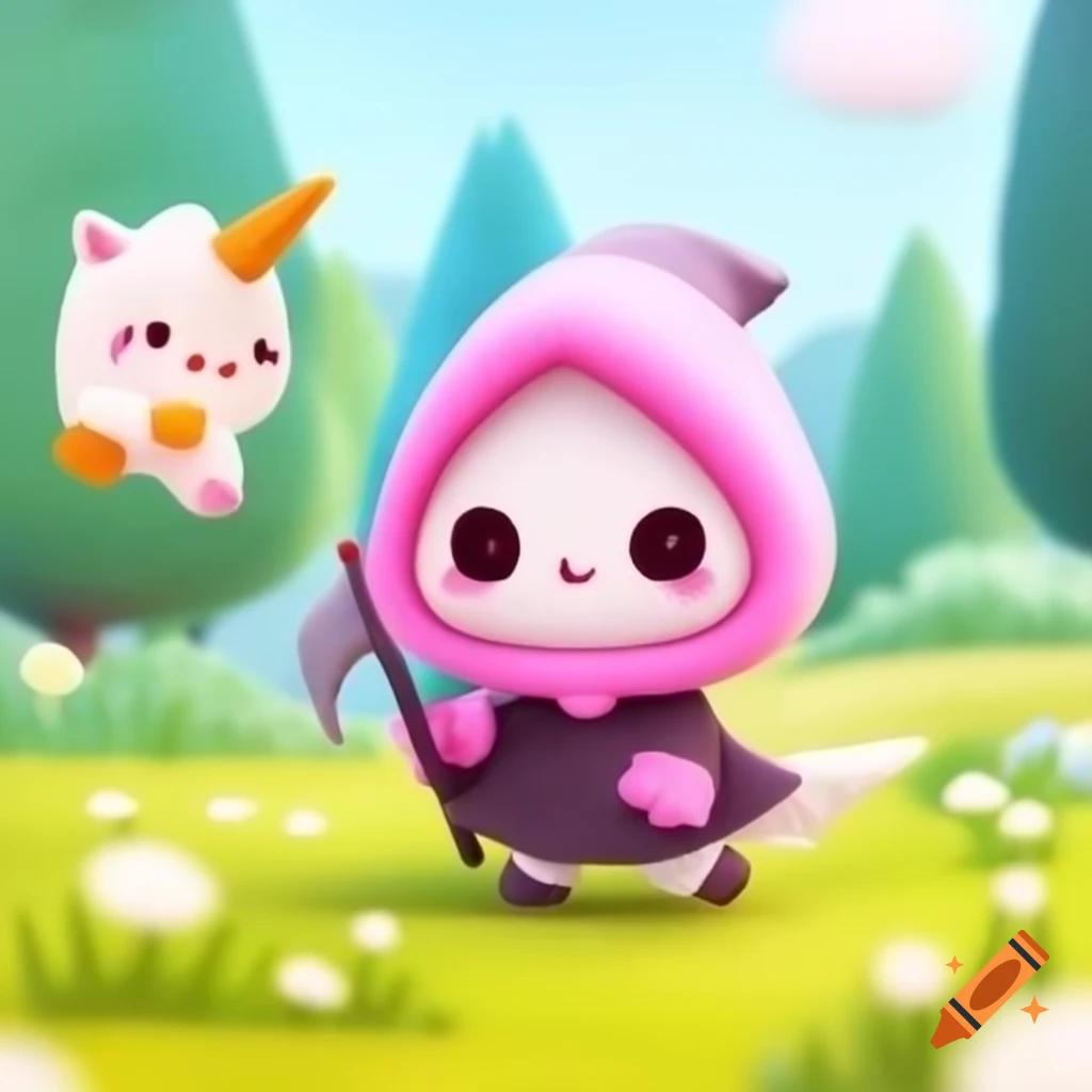 Cute grim reaper in pink hood with smiling unicorn in a meadow