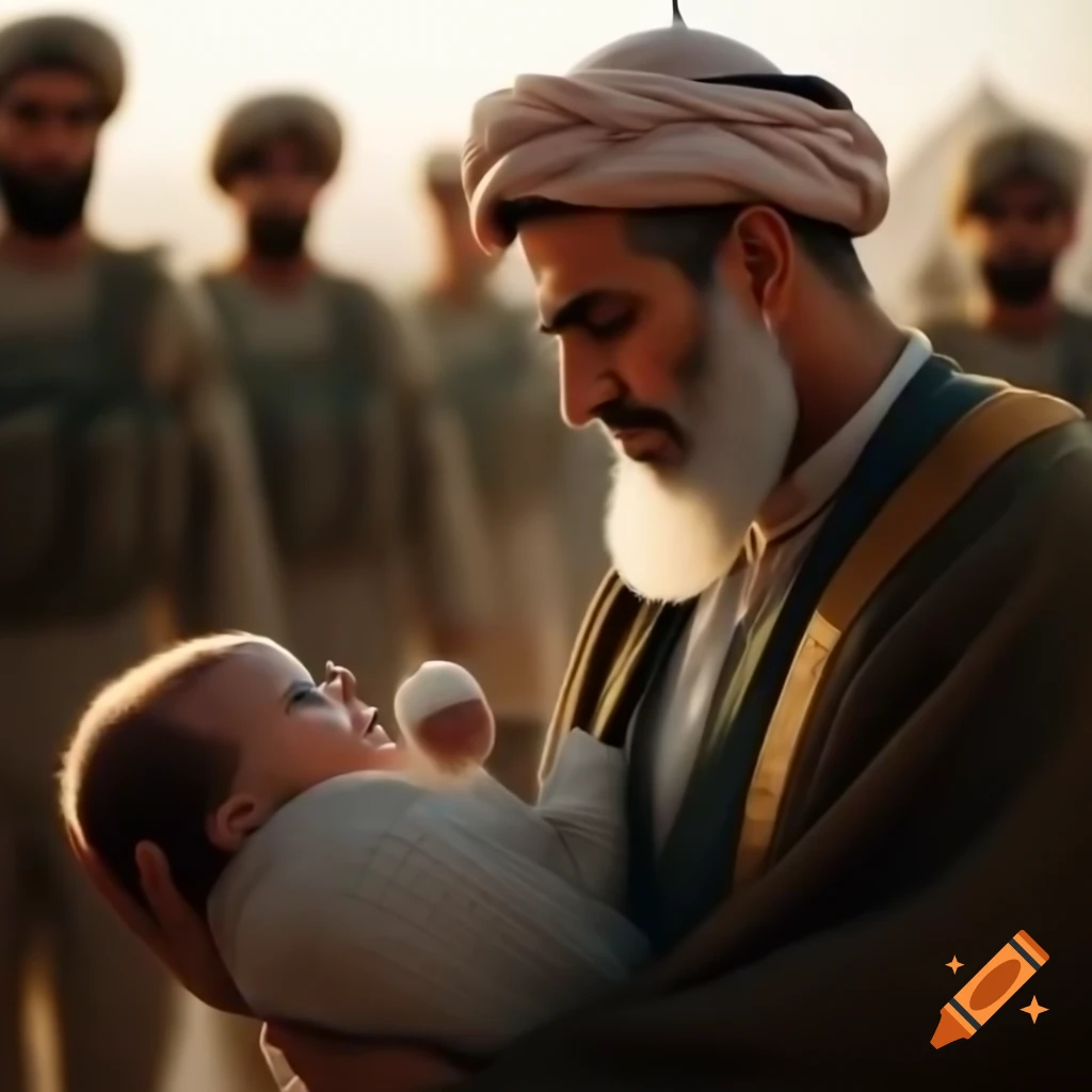 Imam Hussain holding infant son Ali Asghar in emotional desert scene
