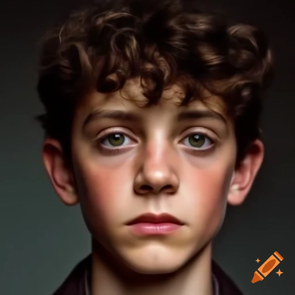Photorealistic portrait of young man with curly dark brown hair and ...