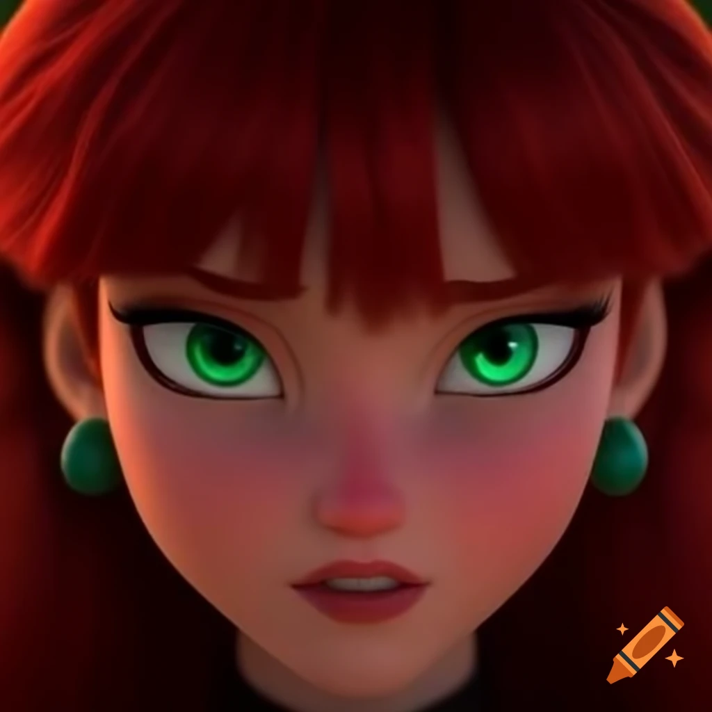 Stylish woman with red hair and jade green eyes posing elegantly on Craiyon