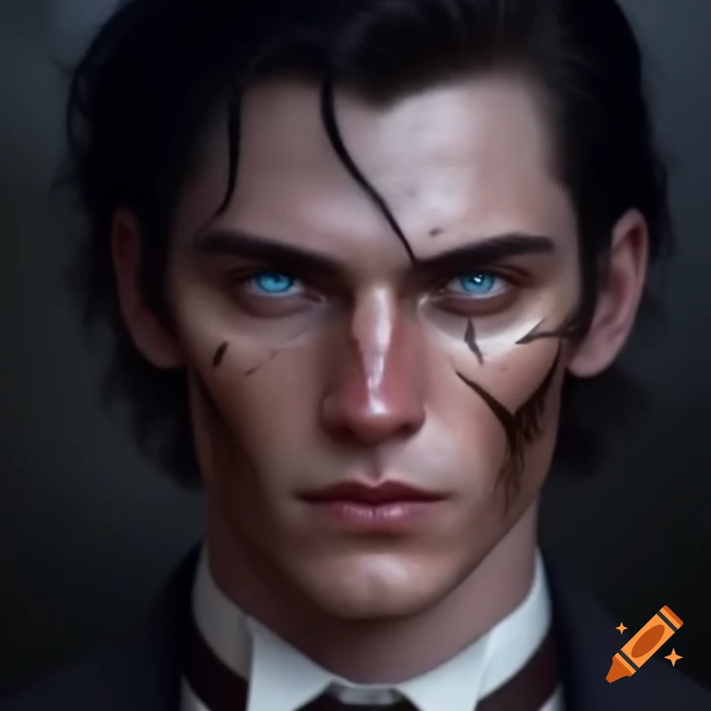 Young man in suit with dark hair and blue eyes on Craiyon