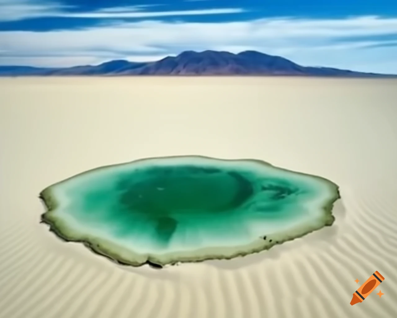 Circular jade platform in sandy desert surrounded by mountains