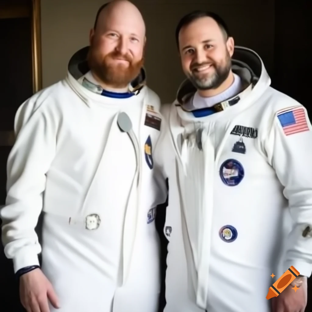 Wedding photo of two men in space navy uniforms with violet silk sashes