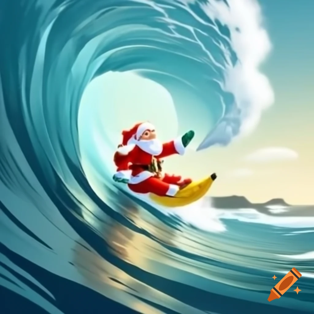 Santa surfing a wave on a banana