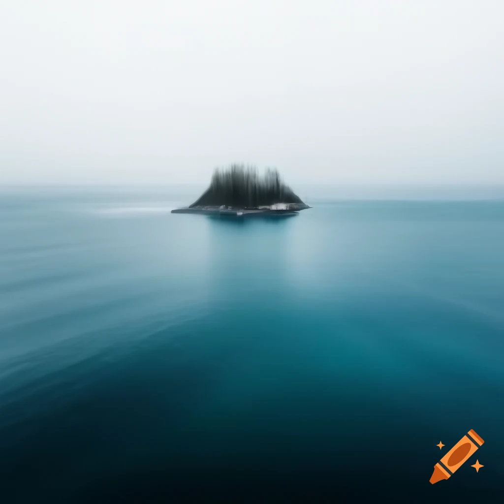 Isolated island surrounded by fog in the ocean