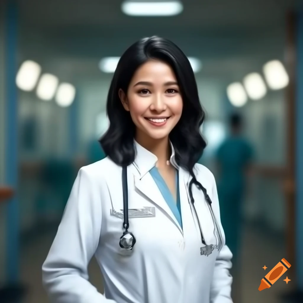 Smiling female doctor in white coat with stethoscope in hospital setting