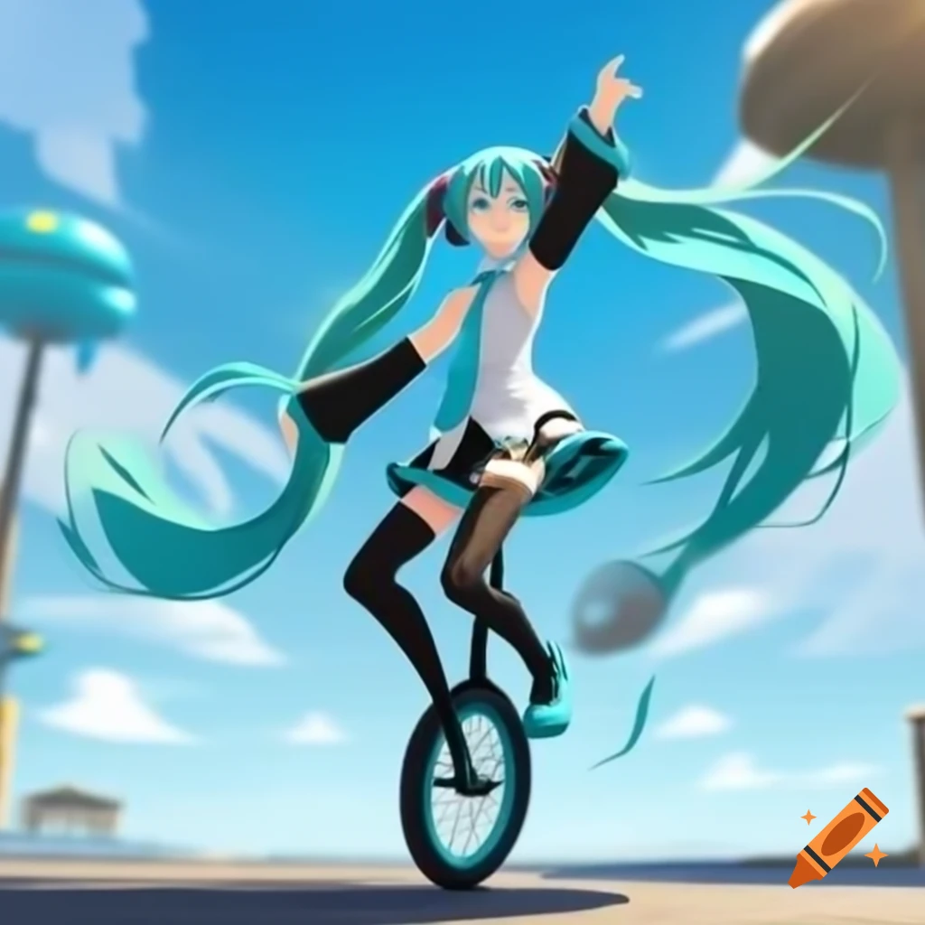 Hatsune Miku riding a unicycle with grace