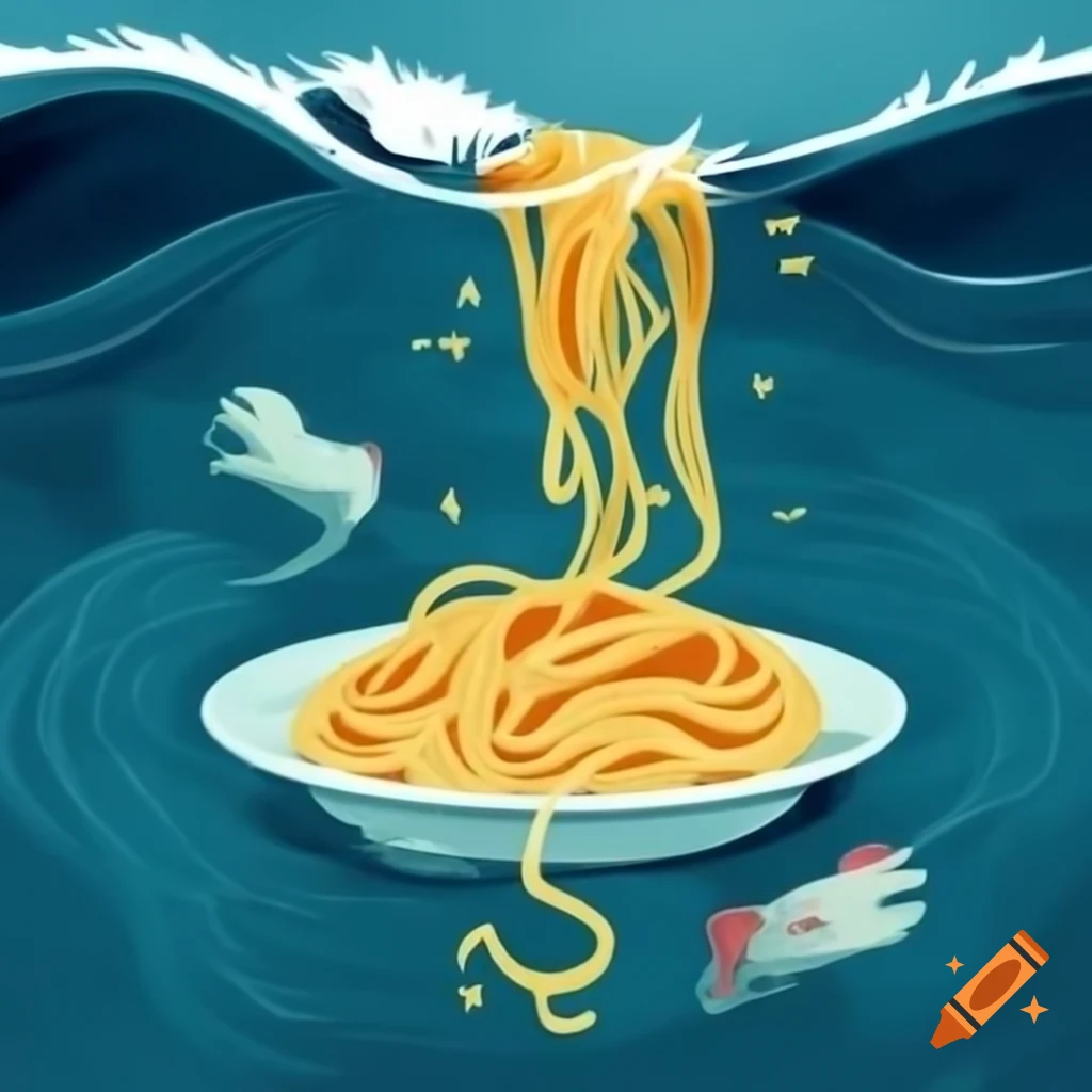 Plate of spaghetti in metaphorical ocean of sauce, representing indulgence