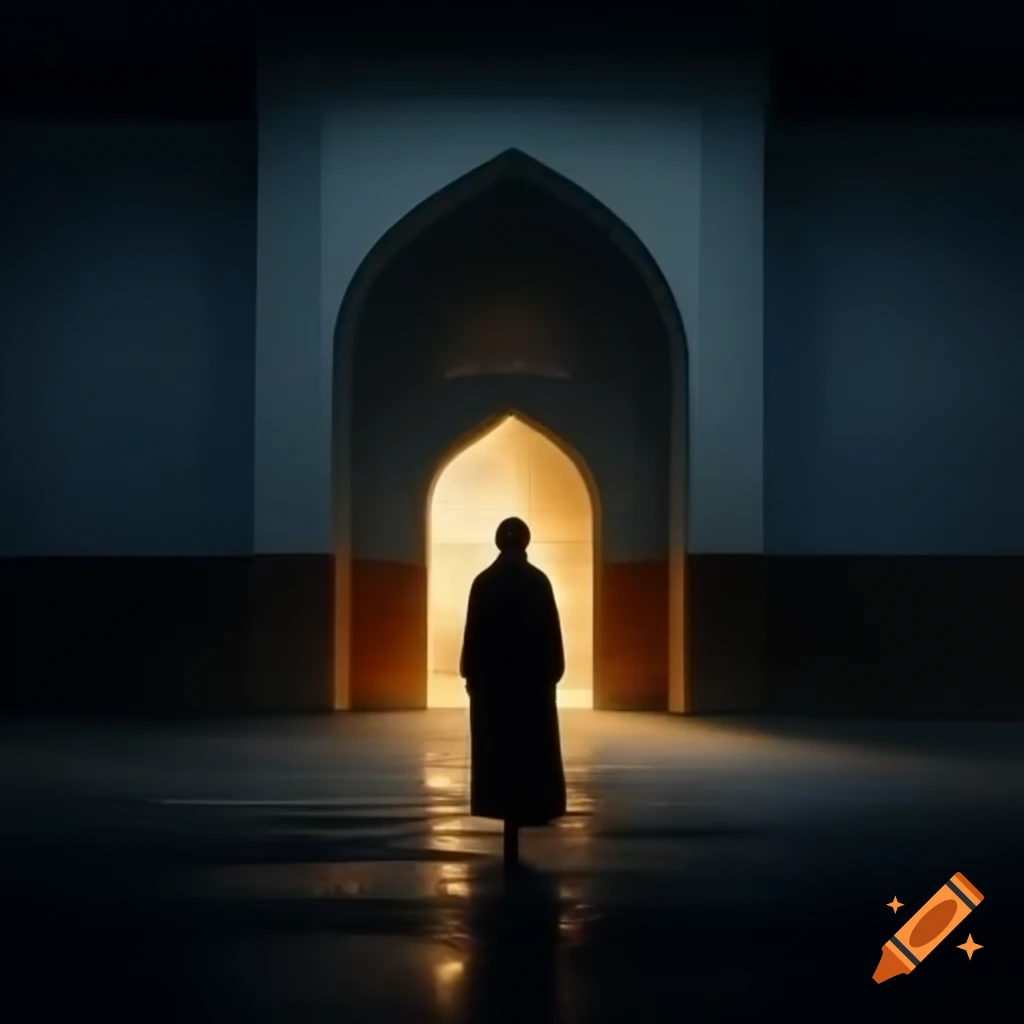 Silhouetted figure against dimly lit masjid facade in painterly style