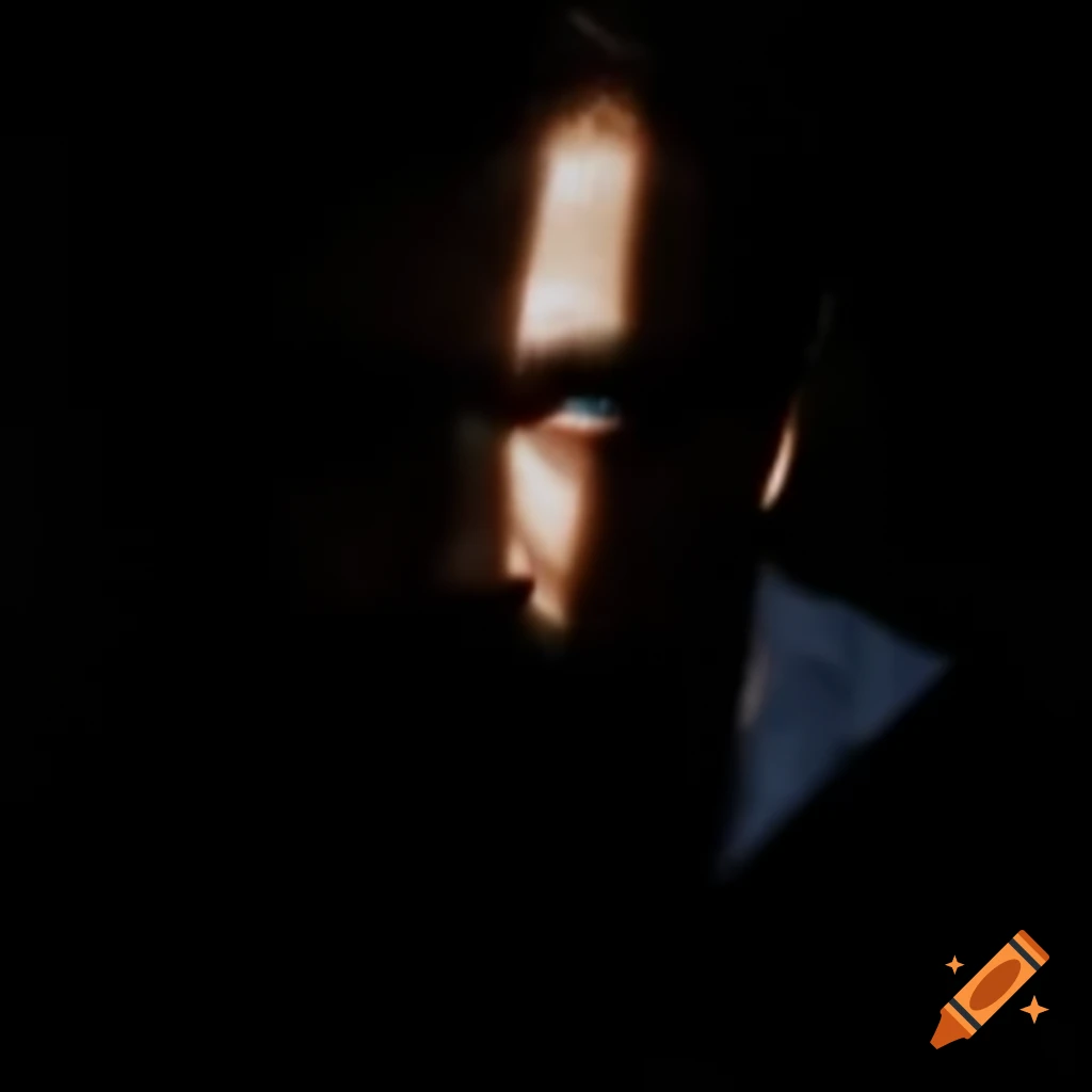 Silhouette of bearded man in dark clothes with a shadowy face
