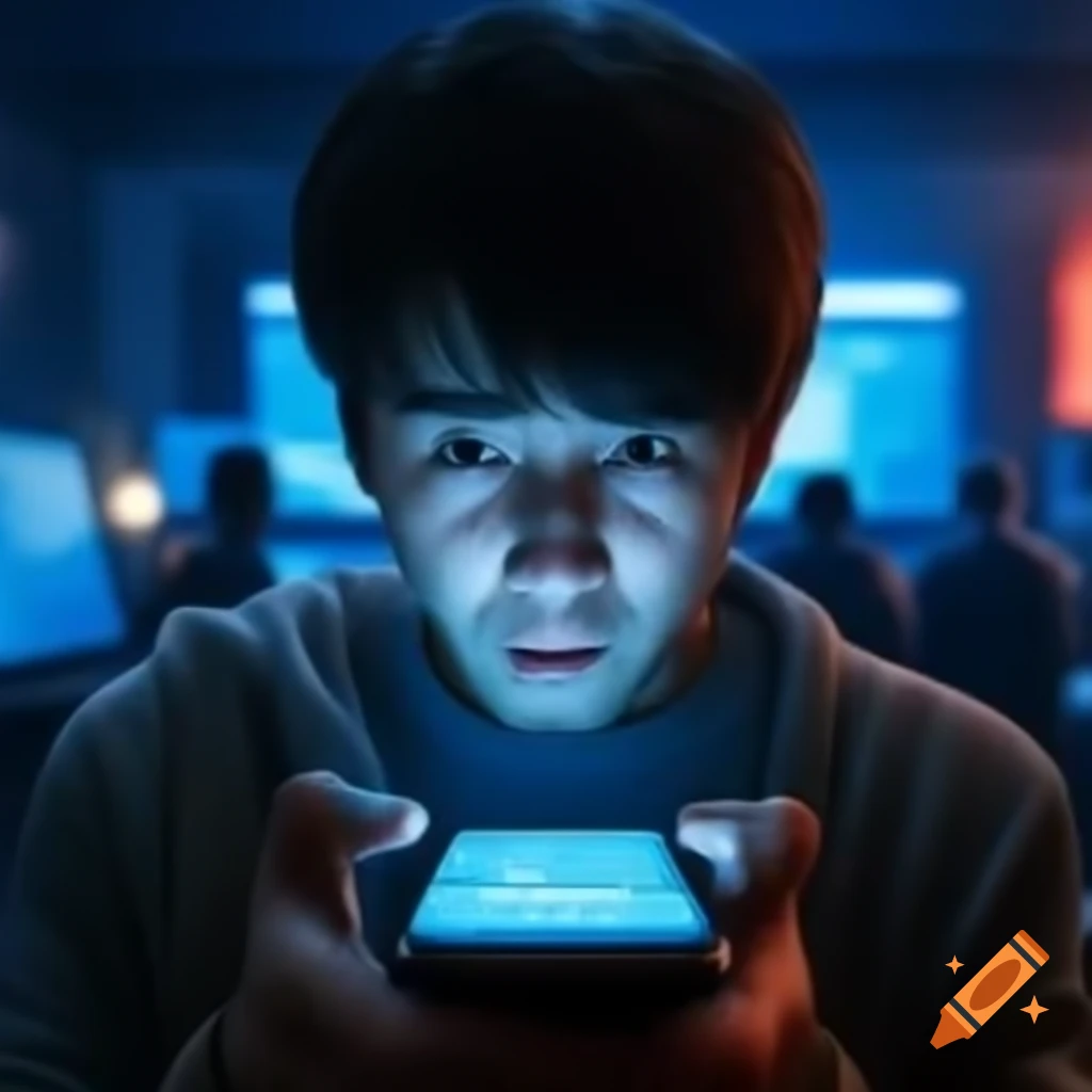 Surprised young man with glowing smartphone and police lights in background