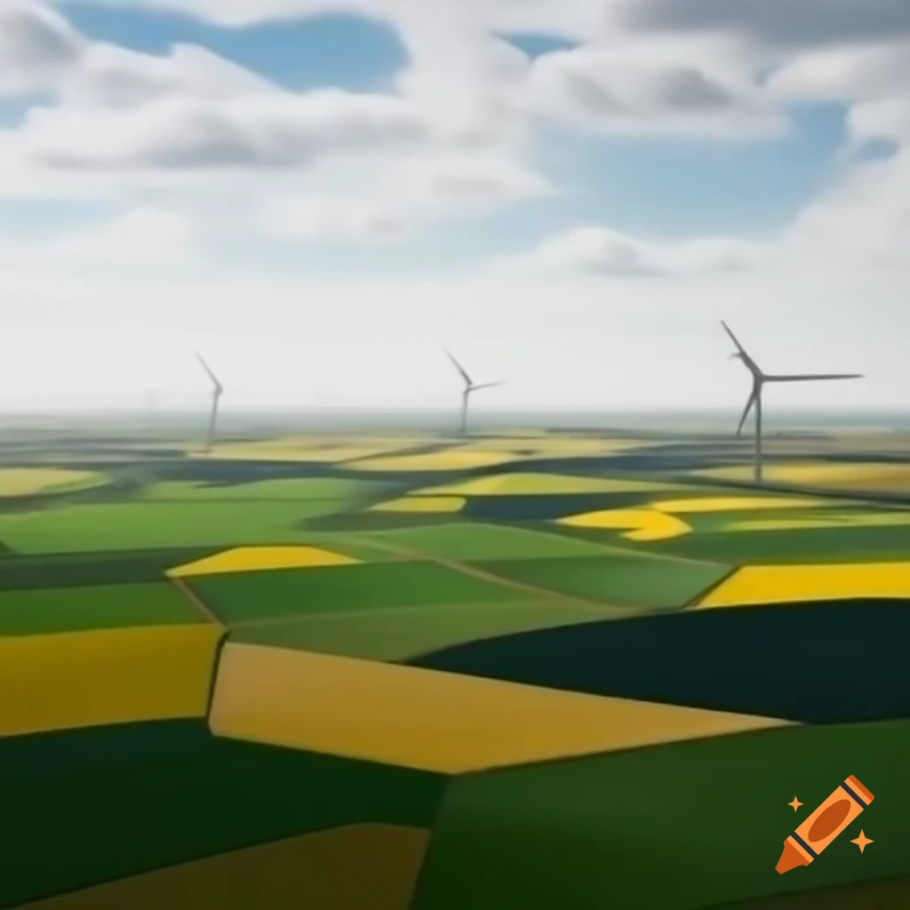 Endless landscape of fields with distant wind turbines