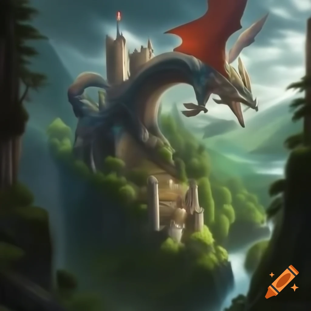Epic medieval fantasy world with flying dragons, giant castles, and magical energy